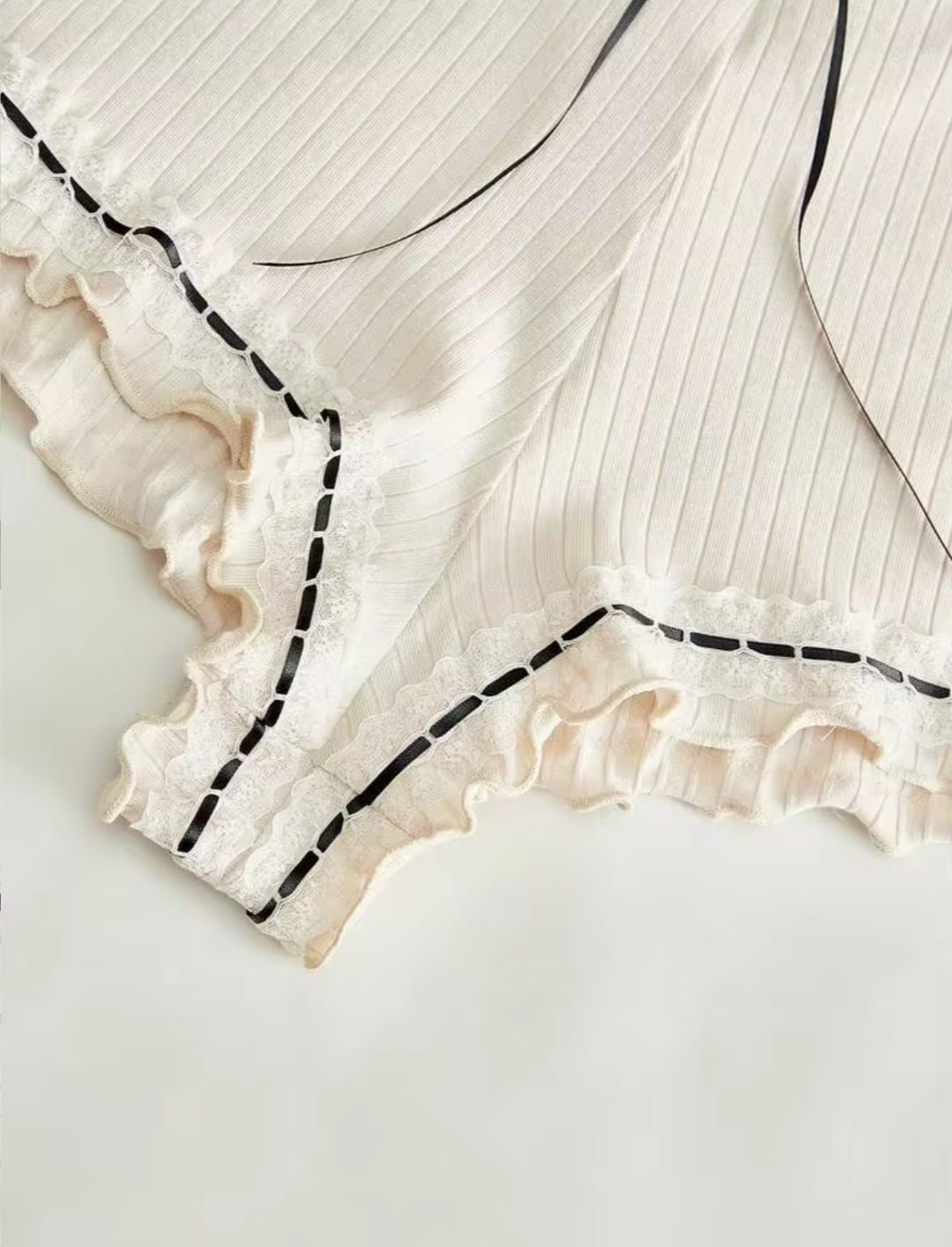 Women's Ribbed Ruffle Hem Slip Shorts / Coquette Style Lounge Shorts - Beige